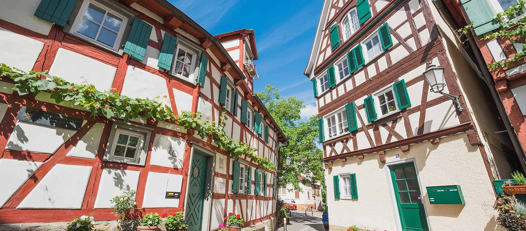 Schmale Gasse mit zwei gegenüberliegenden Fachwerkhäusern, weißen Wänden, roten und braunen Balken sowie grünen Fensterläden. Vor den Häusern stehen Blumentöpfe, an den Fassaden wachsen Weinranken. Der Himmel ist blau mit wenigen Wolken.